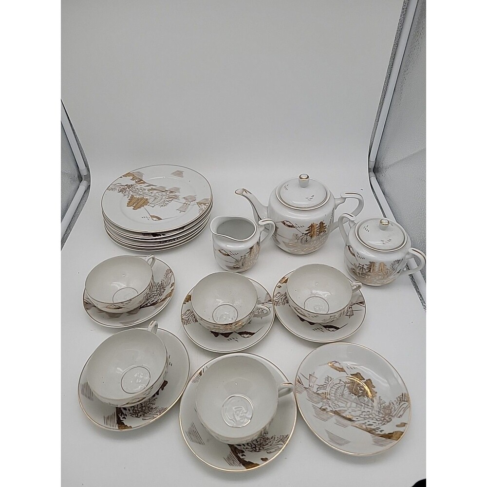 Vtg Kutani Geisha Lithophane Japanese China Tea Set 22 Pieces Plates Gold White